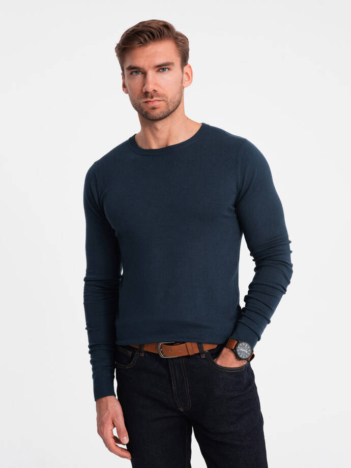 Classic men's sweater with round neckline - navy blue V9 OM-SWBS-0106