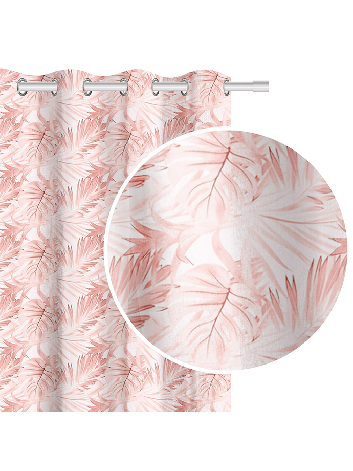 Curtain with leaves Hibiscus 140x250 A738 - white/pink