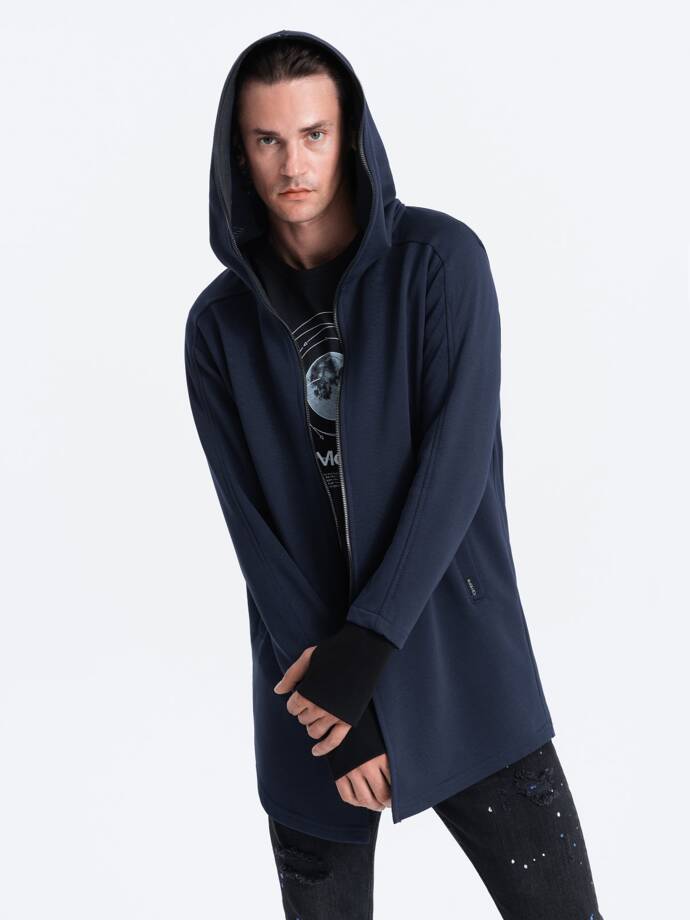 Longer men's unbuttoned sweatshirt with spacious hood PRAGA - navy blue B1369