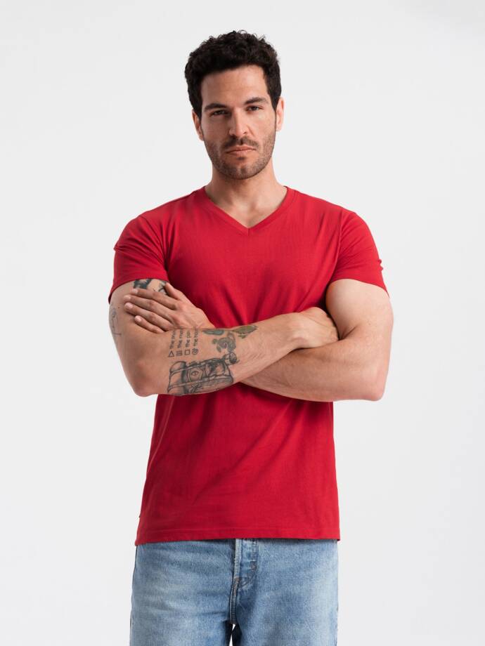 Men's BASIC classic cotton T-shirt with a v-neck - red V14 OM-TSBS-0145