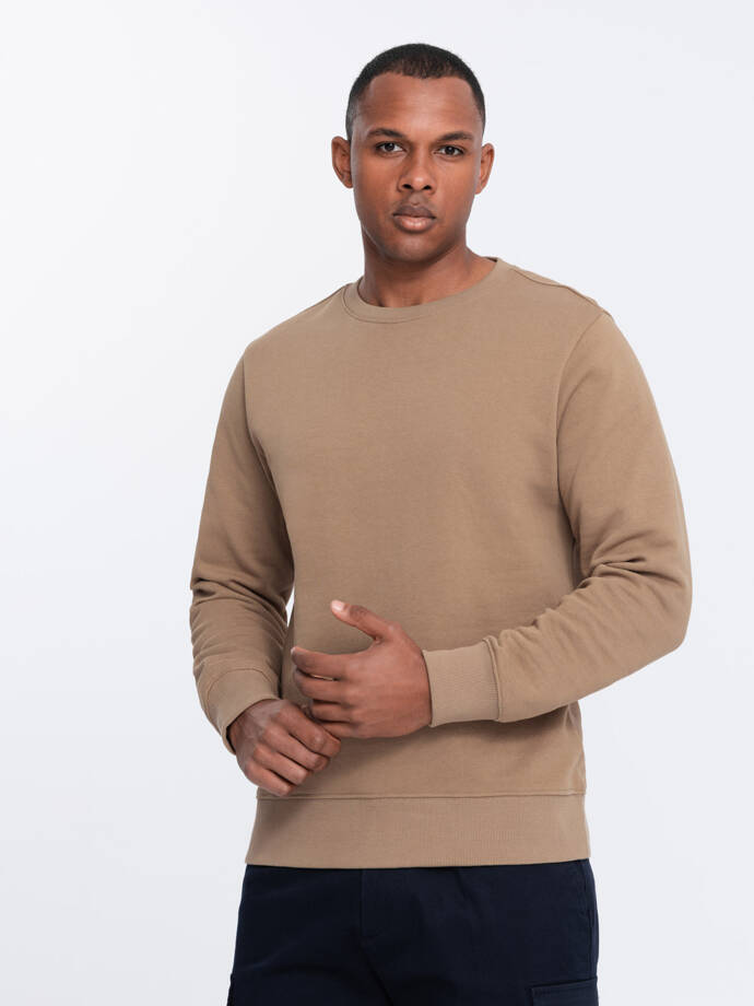 Men's BASIC sweatshirt with round neckline - brown V2 OM-SSBN-0175