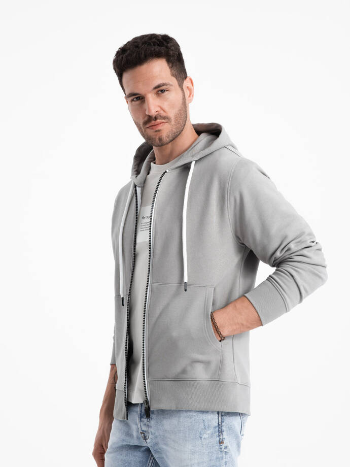 Men's BASIC unbuttoned hooded sweatshirt - grey V8 OM-SSBZ-0178