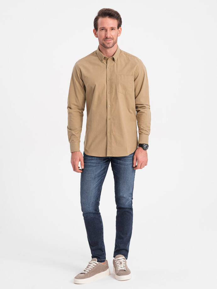 Men's REGULAR FIT cotton shirt with pocket - light brown V2 OM-SHOS-0153