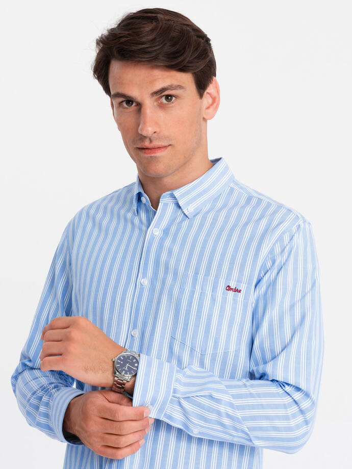 Men's REGULAR FIT shirt in white stripes with pocket - blue V2 OM-SHOS-0171