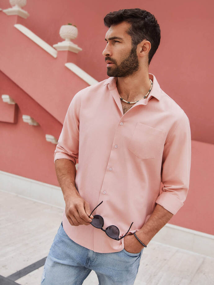 Men's REGULAR FIT shirt with pocket - pink V5 OM-SHCS-0148