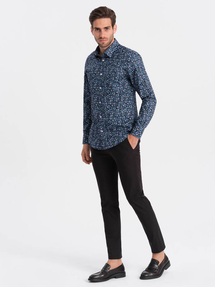 Men's SLIM FIT patterned cotton shirt - dark blue V1 OM-SHCS-0151