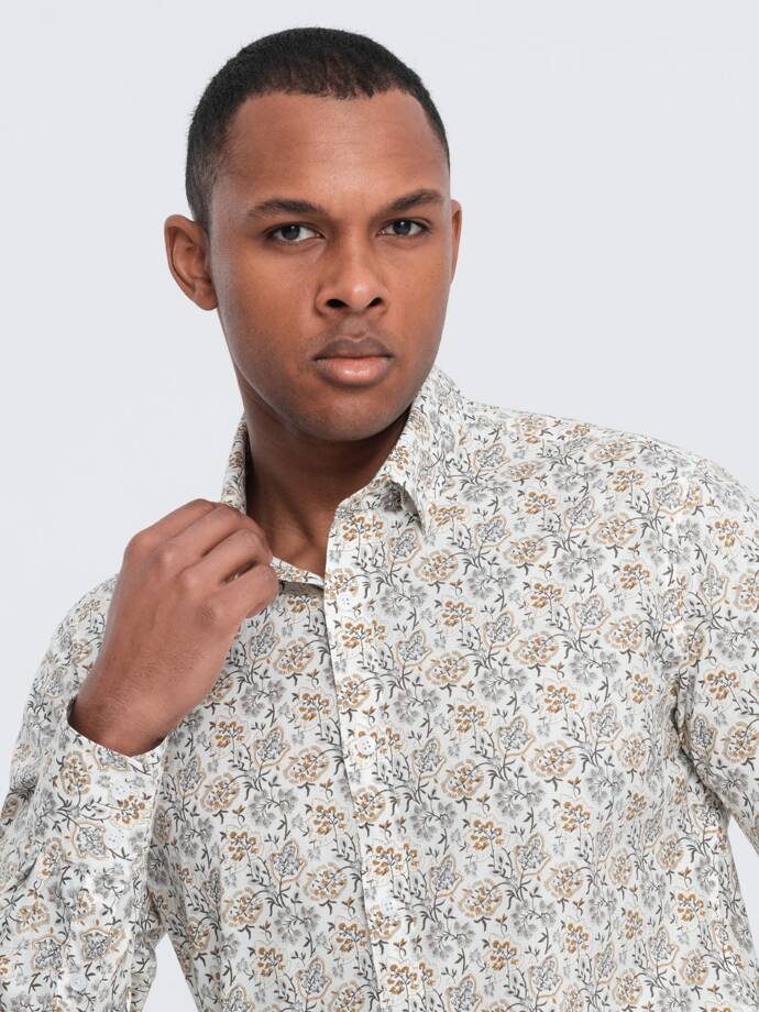 Men's SLIM FIT shirt in floral pattern - beige V2 OM-SHPS-0139