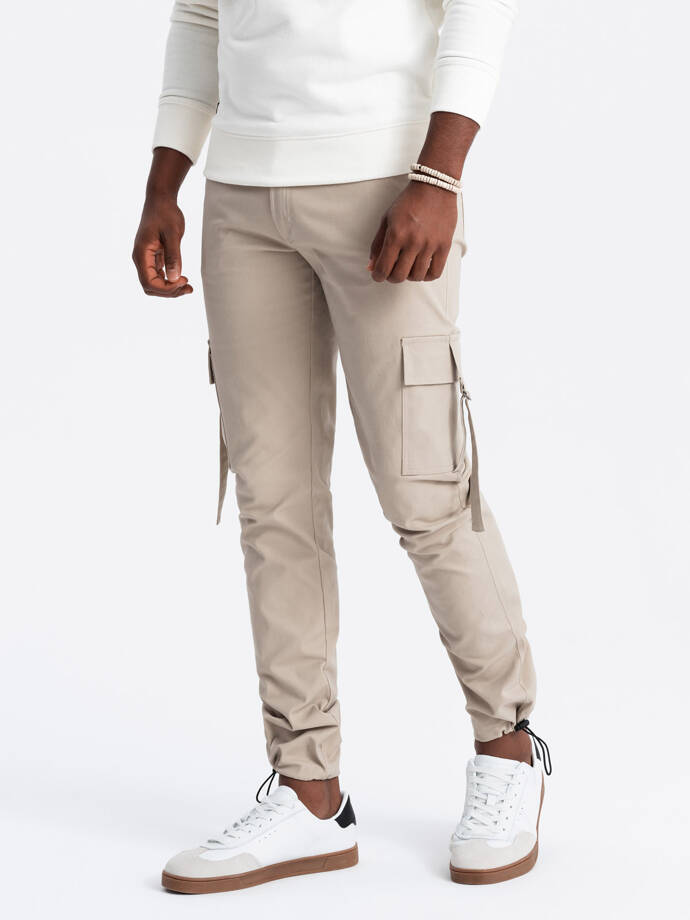 Men's STRAIGHT LEG cargo pants with striped pockets - sand V2 OM-PACG-0197