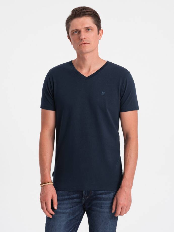 Men's V-NECK T-shirt with elastane - navy blue V2 OM-TSCT-0106