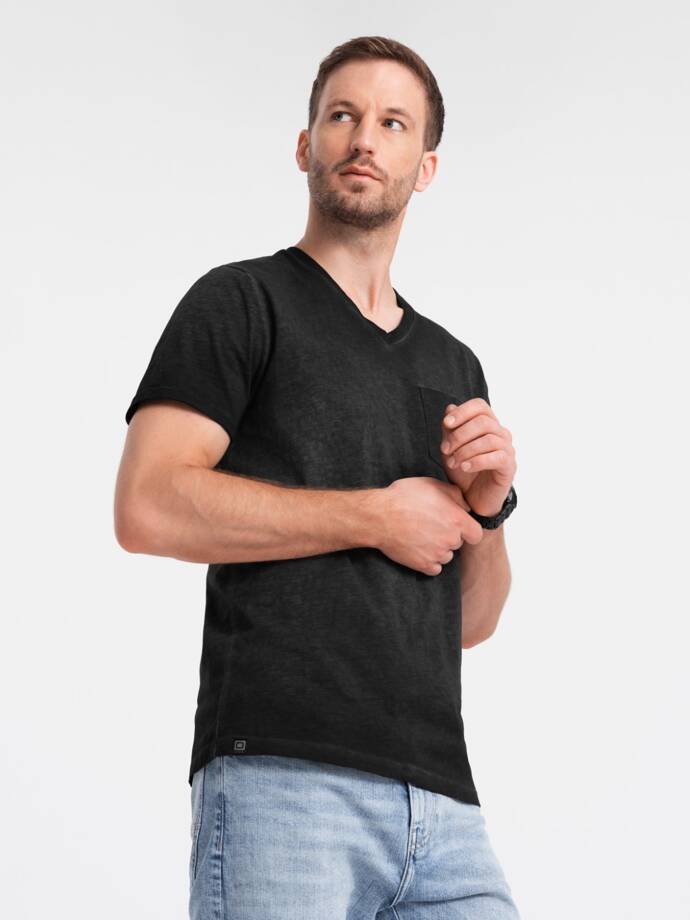 Men's brindle V-neck t-shirt with pocket - black V6 OM-TSCT-22SS-002
