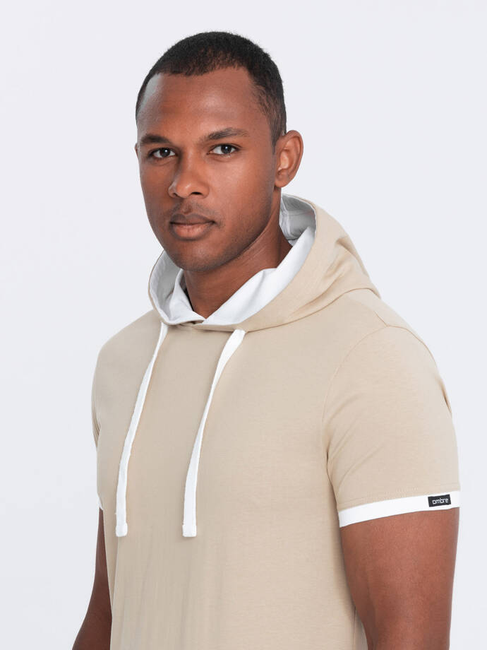 Men's casual cotton t-shirt with hood - beige V5 OM-TSCT-22SS-001