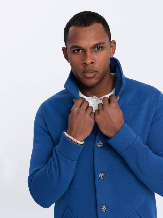 Men's casual sweatshirt with button-down collar - blue V1 OM-SSZP-0171
