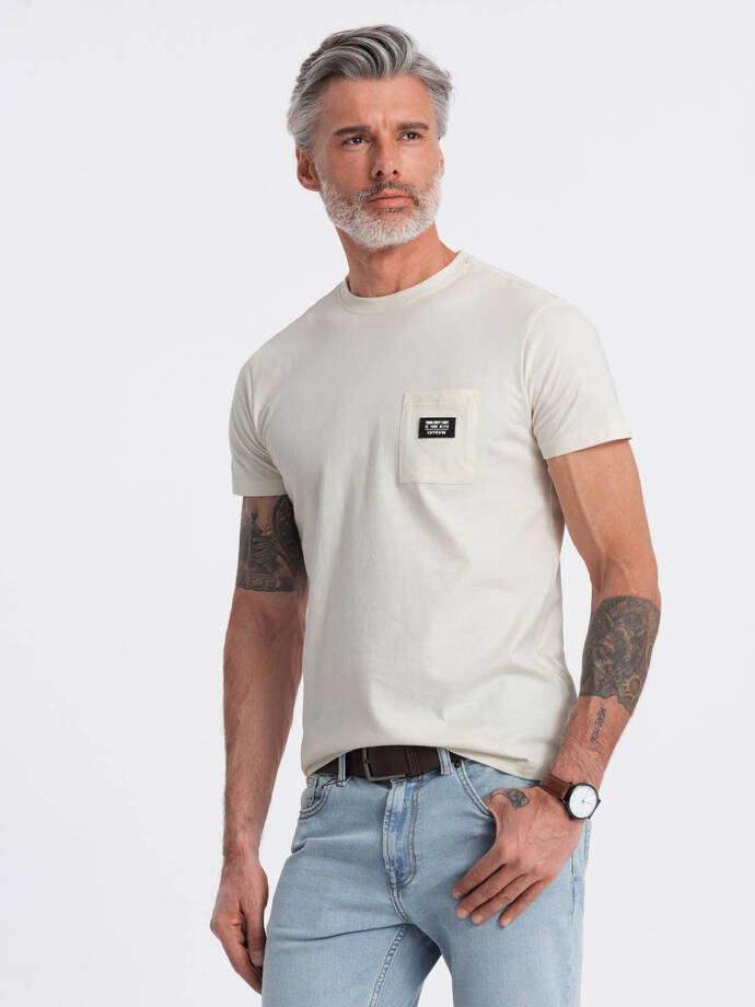 Men's casual t-shirt with patch pocket - cream V8 OM-TSCT-0109