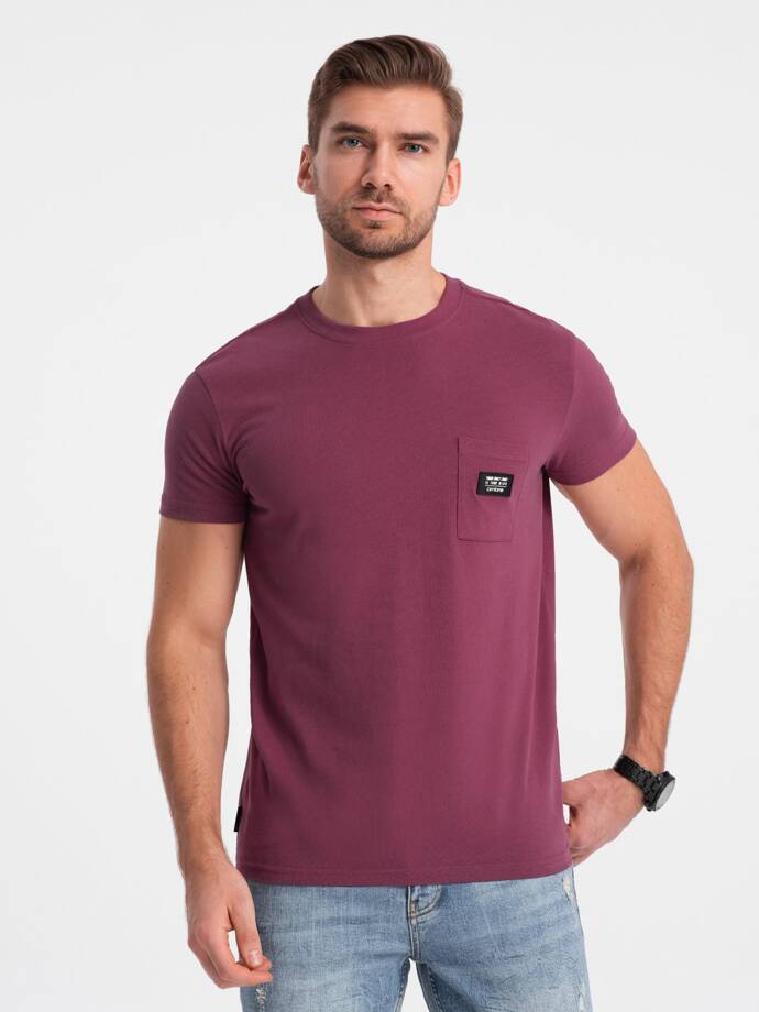 Men's casual t-shirt with patch pocket - dark pink V5 OM-TSCT-0109
