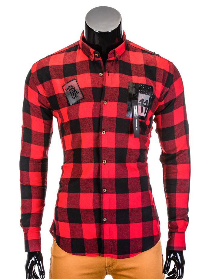 Men's check shirt with long sleeves K369 - red
