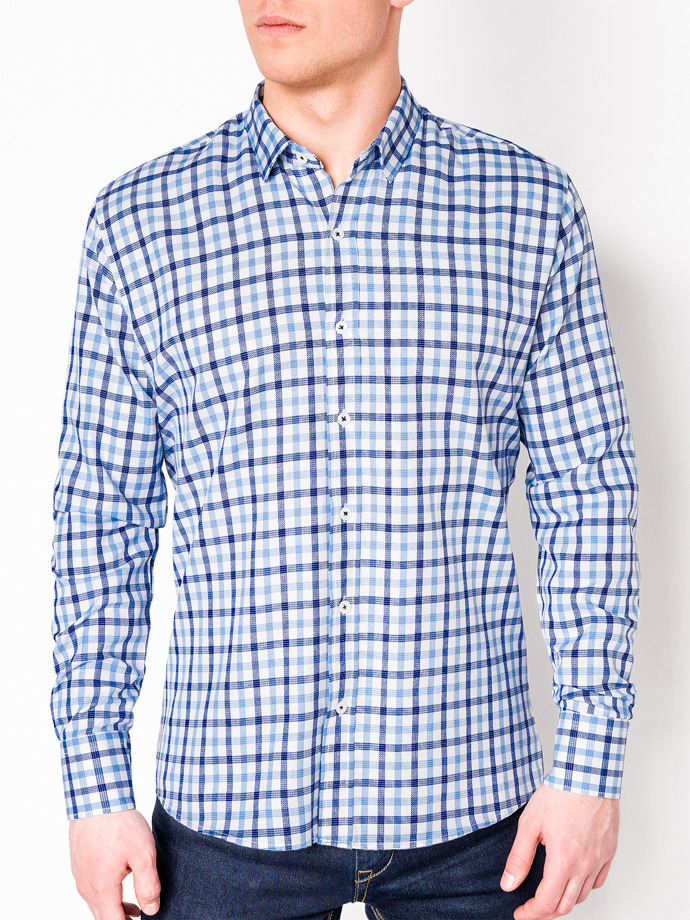 Men's check shirt with long sleeves K444 - white/blue