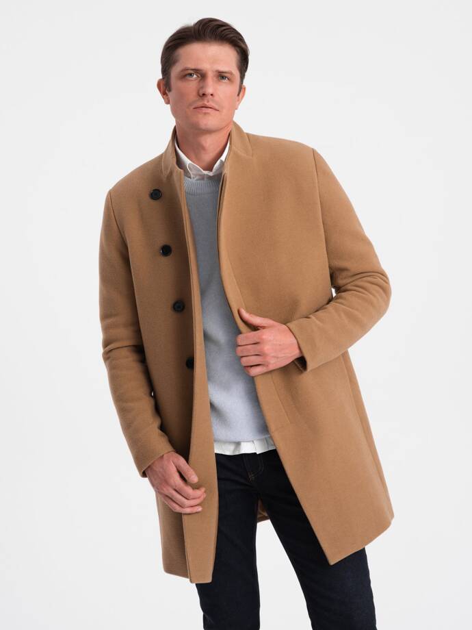 Men's coat with asymmetrical fastening - camel V4 OM-COWC-0102