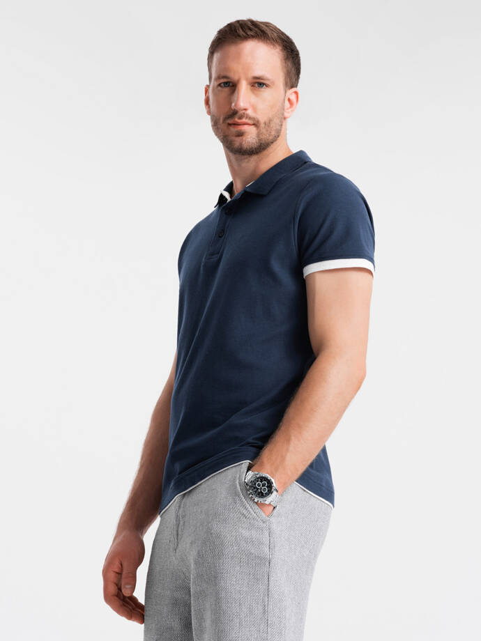 Men's cotton polo shirt with contrast trim - navy blue V4 OM-POSS-0113