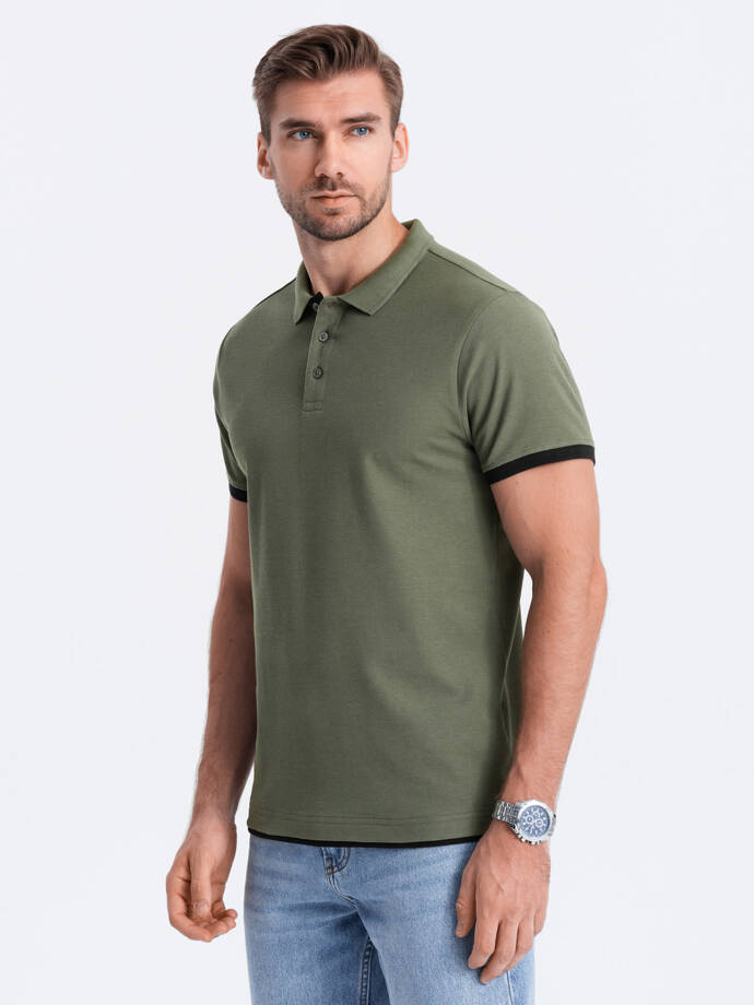 Men's cotton polo shirt with contrast trim - olive V6 OM-POSS-0113