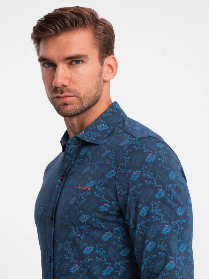 Men's cotton shirt with floral motif - navy blue V1 OM-SHCS-0159