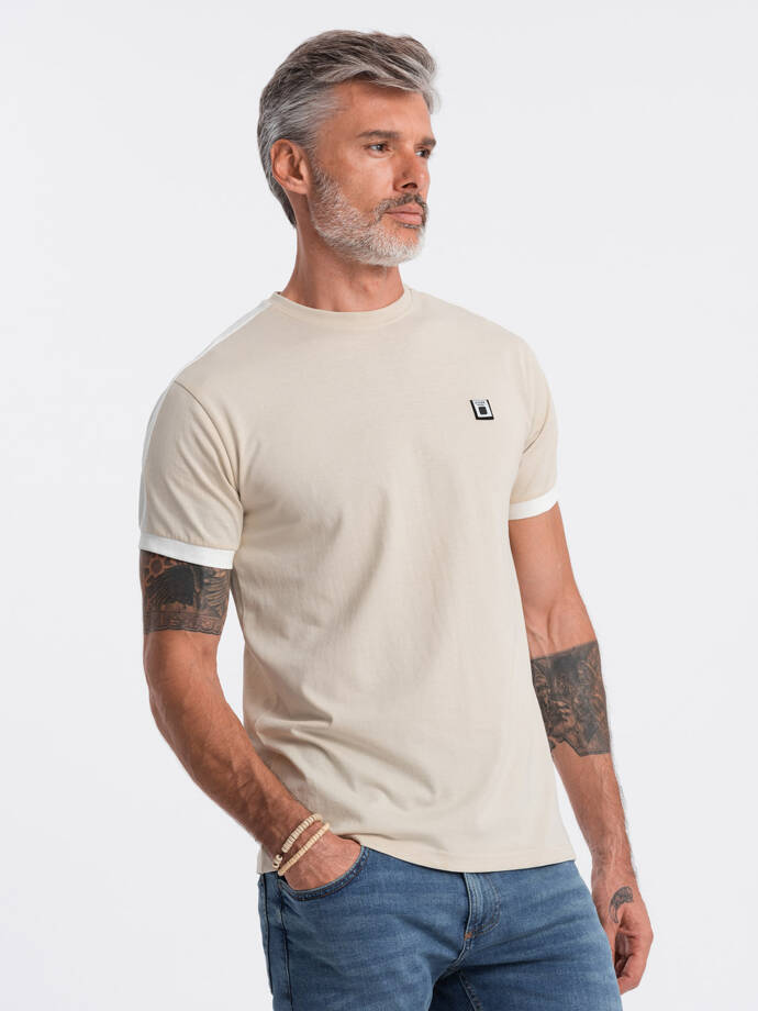 Men's cotton t-shirt with contrasting inserts - cream V7 S1632