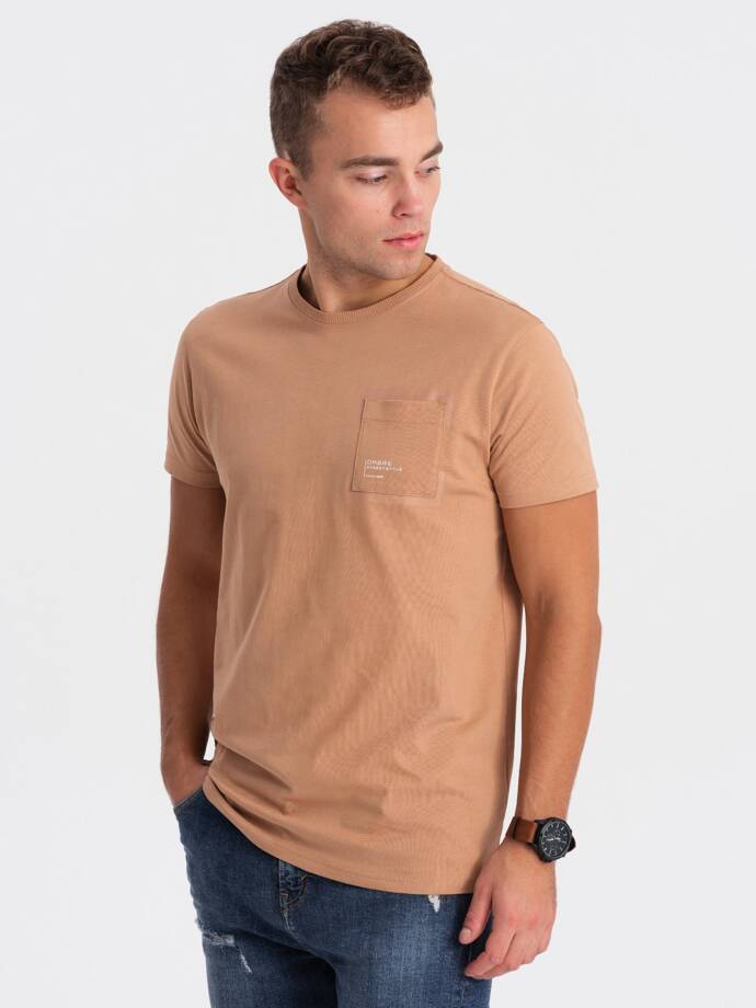 Men's cotton t-shirt with pocket - light brown V7 OM-TSPT-0154