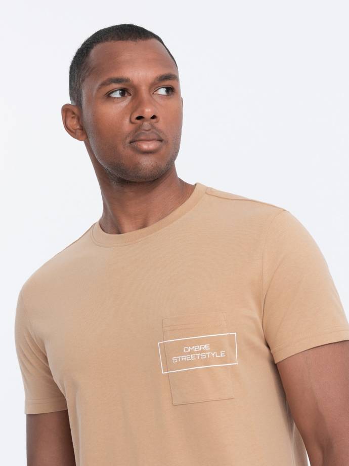Men's cotton t-shirt with pocket print - light brown V6 S1742