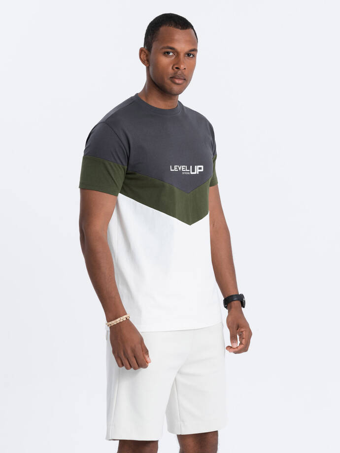 Men's cotton tricolor t-shirt with logo - graphite/olive V9 S1747
