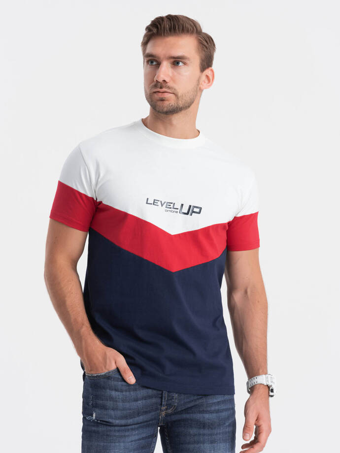 Men's cotton tricolor t-shirt with logo - navy blue and red V5 S1747