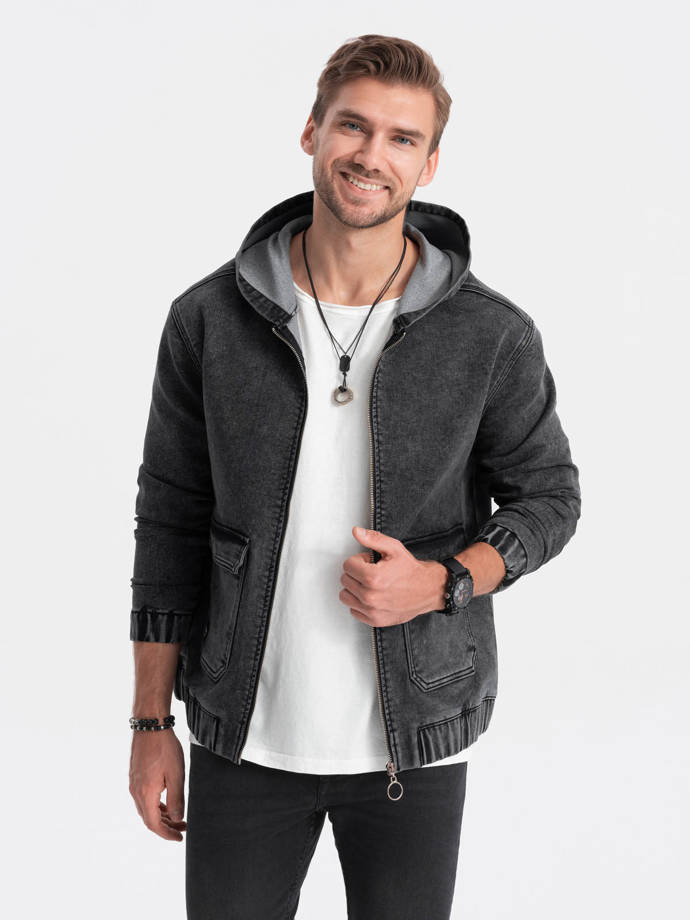 Men's denim jacket katana with cargo pockets and hood - black V4 C558