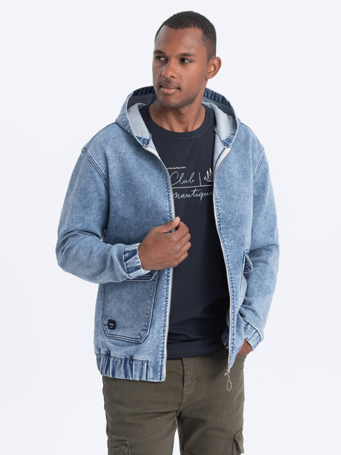 Men's denim jacket katana with cargo pockets and hood - blue V3 C558