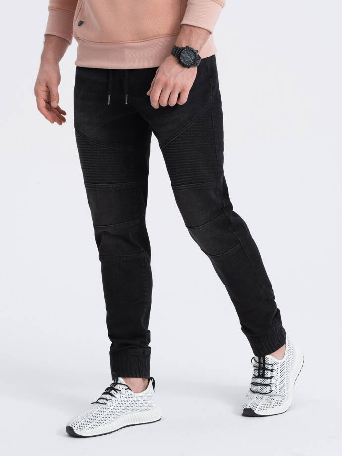 Men's denim jogger pants with stitching - black V3 OM-PADJ-0113
