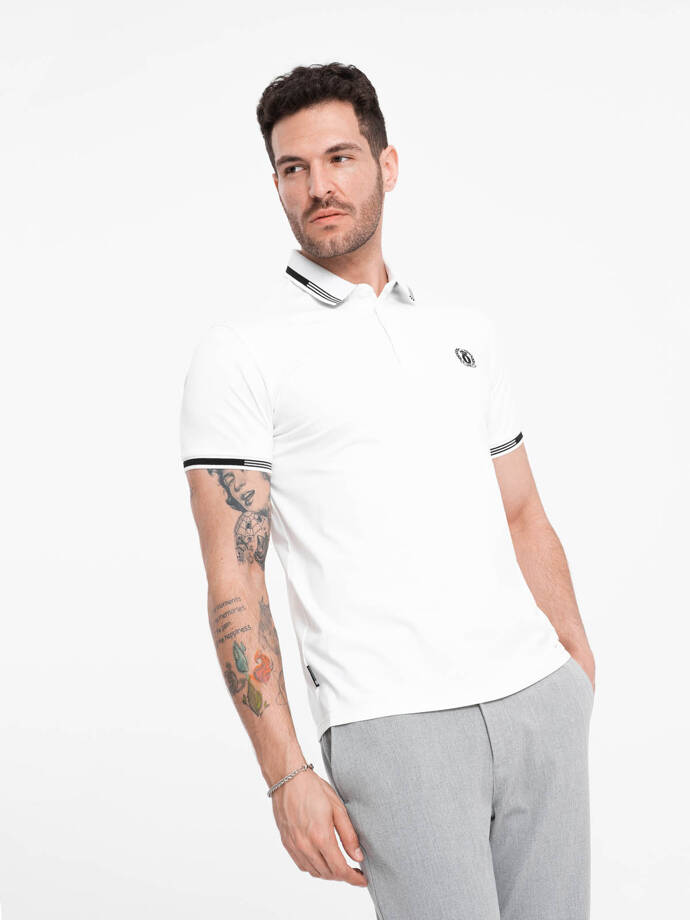 Men's elastane polo shirt with contrasting elements - white V1 OM-POSS-0123