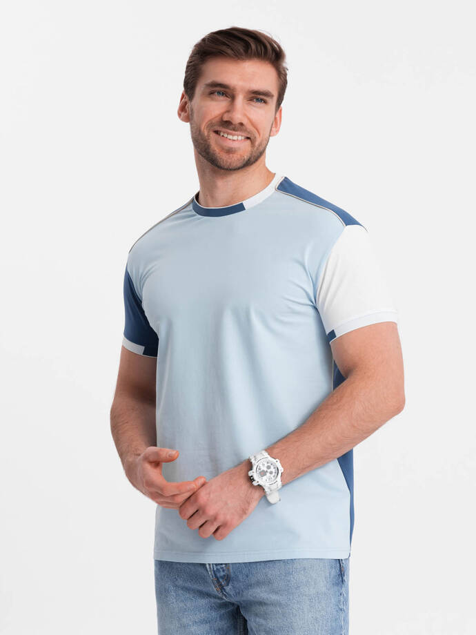 Men's elastane t-shirt with colored sleeves - blue V2 OM-TSCT-0176