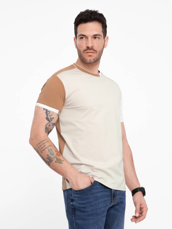Men's elastane t-shirt with colored sleeves - brown V1 OM-TSCT-0176