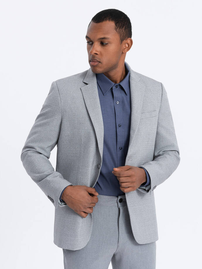 Men's elegant blazer with decorative buttons on cuffs - grey V2 OM-BLZB-0114