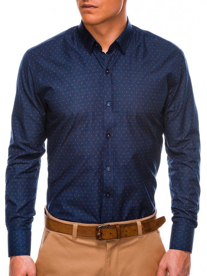 Men's elegant shirt with long sleeves - navy/brown K466