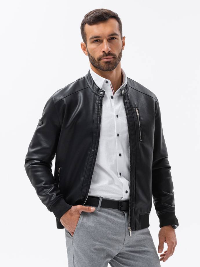 Men's faux leather jacket with ribbed bottom hem - black V2 OM-JAFL-0109