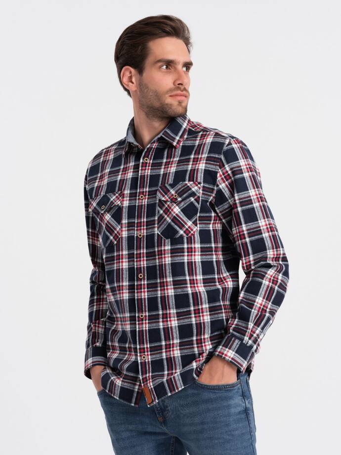 Men's flannel shirt with buttoned pockets - red and navy blue OM-SHCS-0137