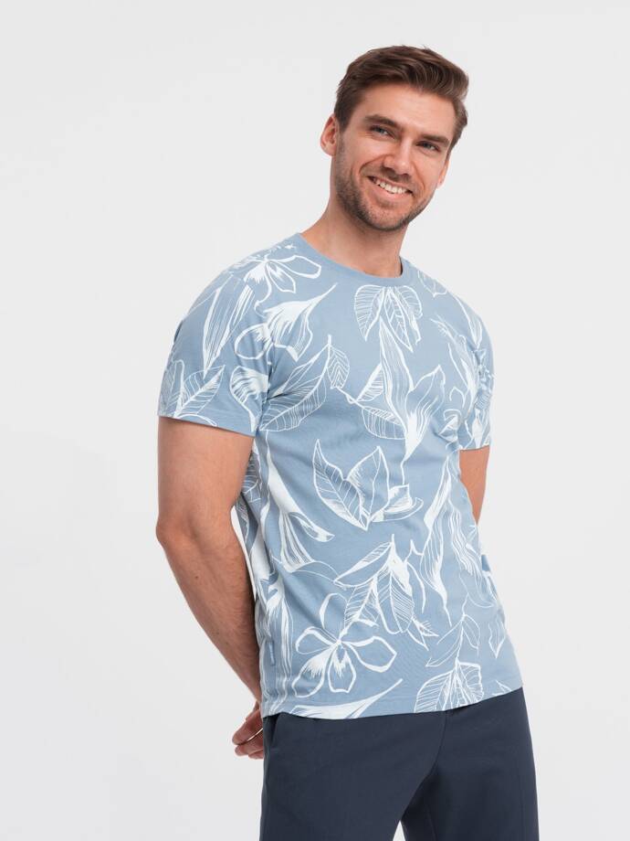 Men's full-print t-shirt with contrasting leaves - blue V2 OM-TSFP-0180