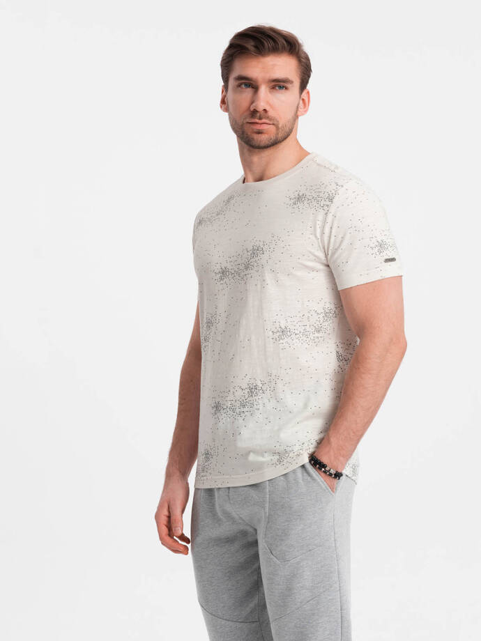 Men's full-print t-shirt with scattered letters - light beige V1 OM-TSFP-0179