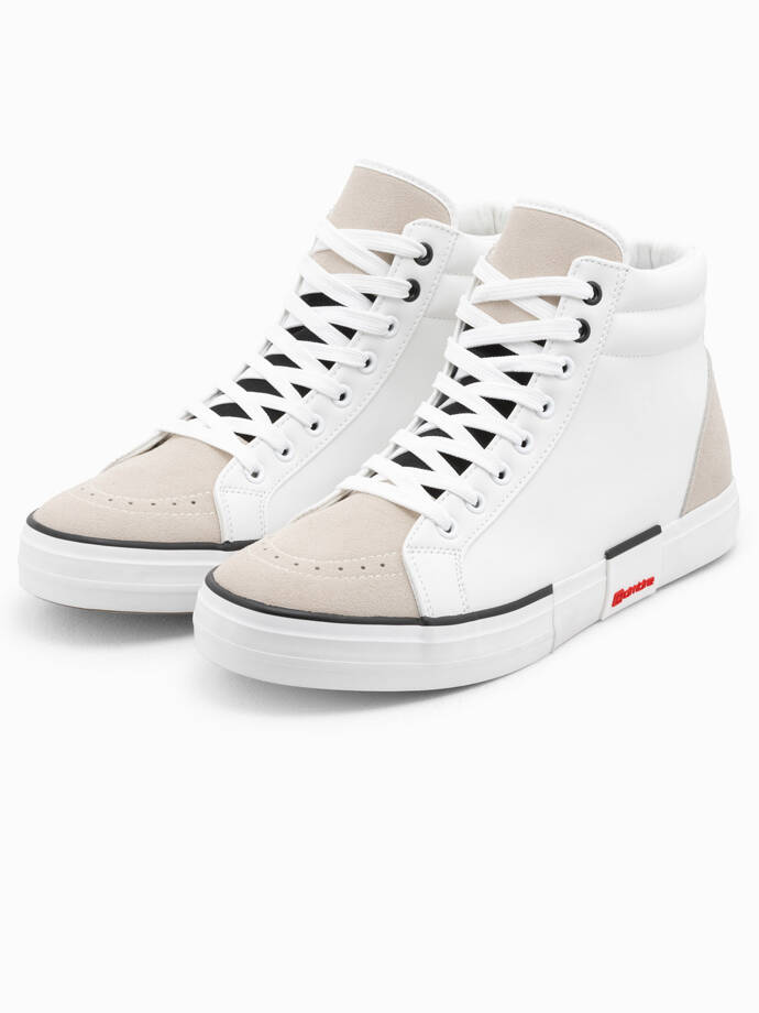 Men's high classic sneakers with quilted upper - white and beige V1 OM-FOTH-0127