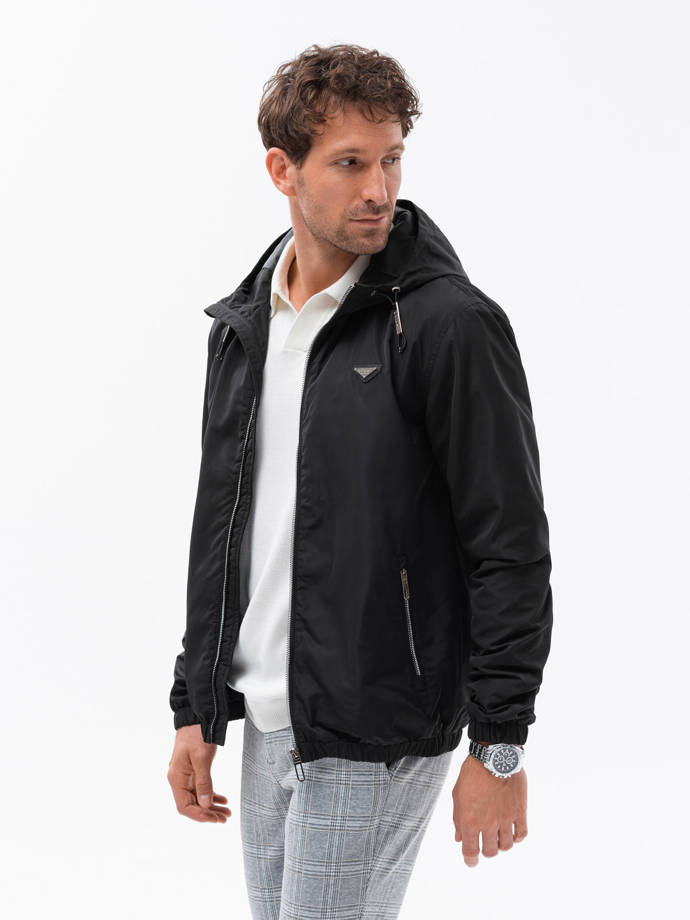 Men's hooded windbreaker jacket with classic cut - black V1 OM-JANP-22FW-006
