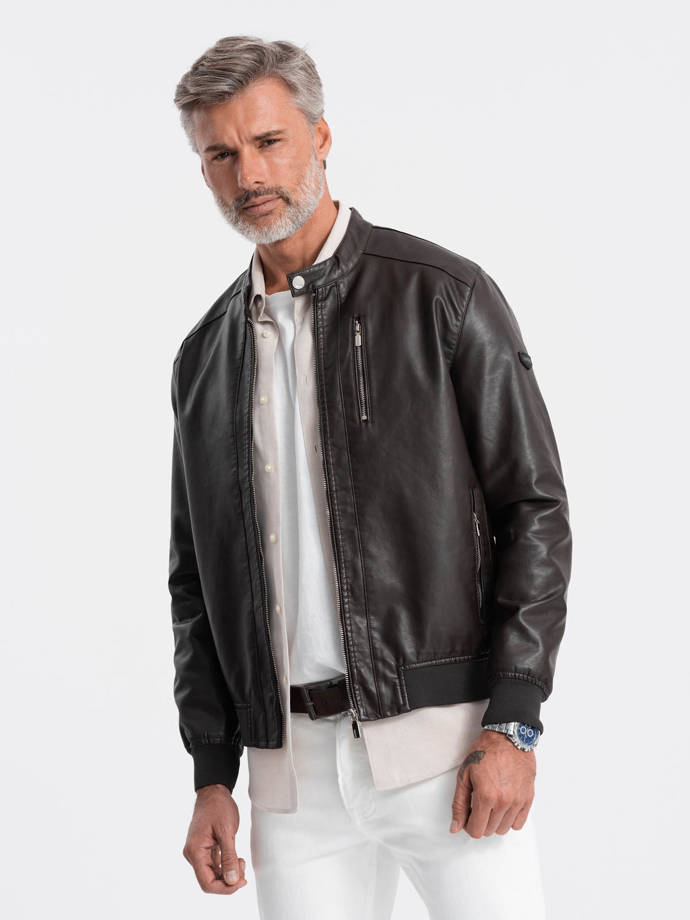 Men's imitation leather jacket with ribbed hem - dark brown V1 OM-JAFL-0109