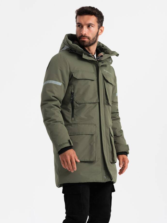 Men's insulated long jacket with reflective elements - olive V3 OM-JALJ-0169