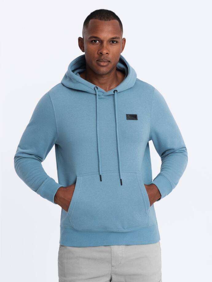 Men's kangaroo sweatshirt with hood and metal pin - blue V4 OM-SSNZ-0141