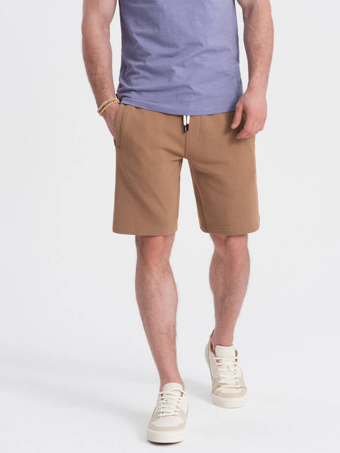 Men's knit shorts with drawstring and pockets - brown V2 OM-SRBS-0139
