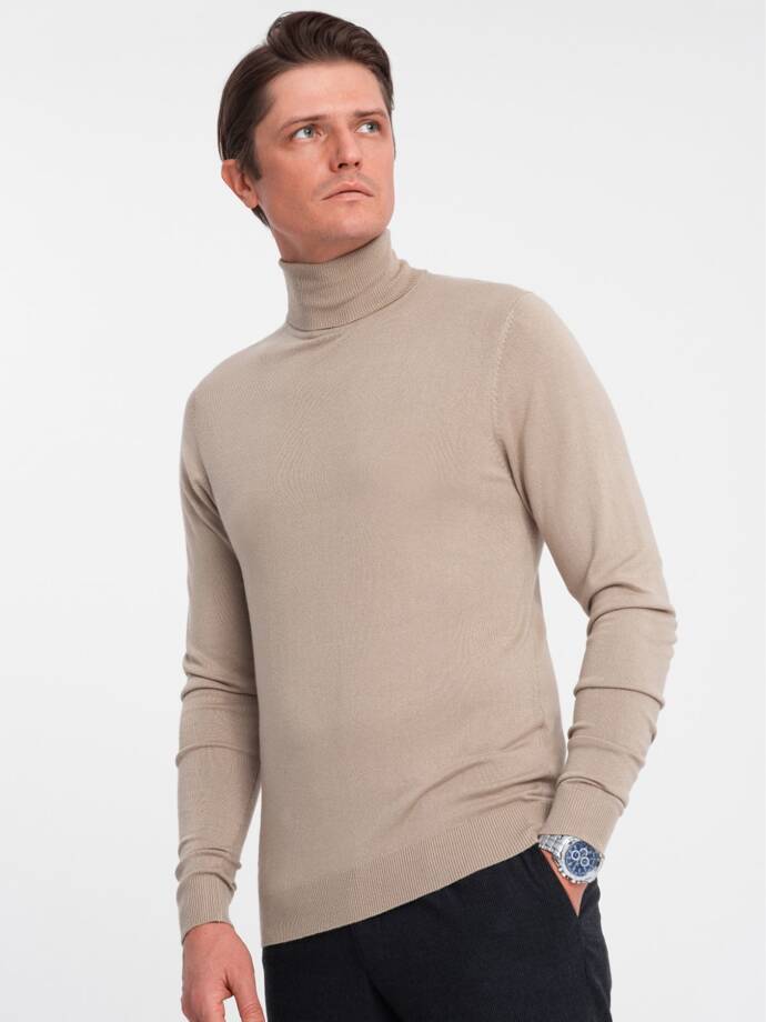 Men's knitted fitted turtleneck with viscose - beige V5 OM-SWTN-0101