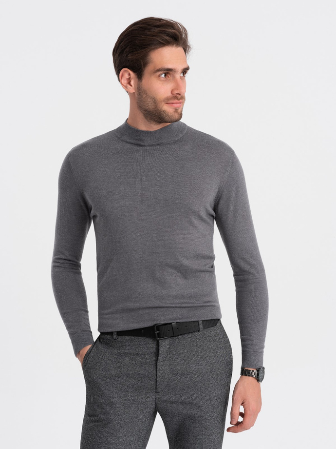 Men's knitted half-golf with viscose - grey melange V3 OM-SWTN-0100