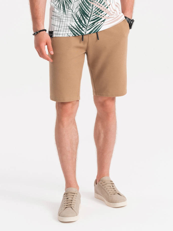 Men's knitted shorts with decorative elastic waistband - light brown V4 OM-SRCS-0110